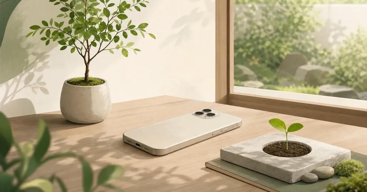 Minimal illustration for apps like Forest, showing a growing tree, a paused iPhone and a small garden in muted colours.