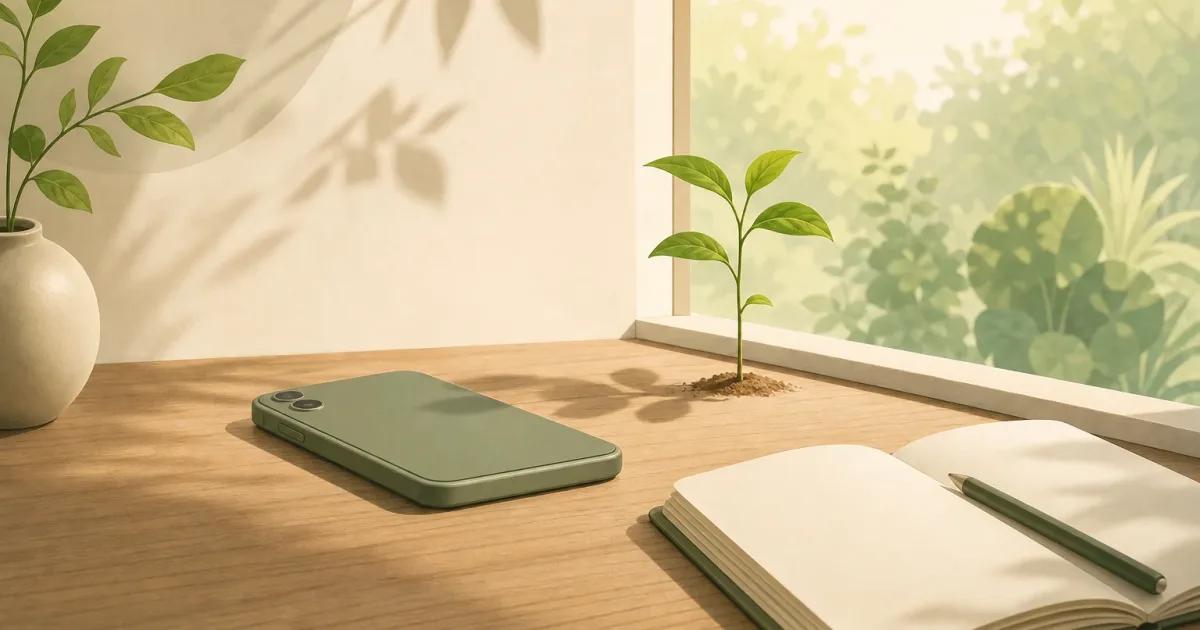 Minimal illustration for attention span statistics showing a face-down phone and open notebook in soft morning light.