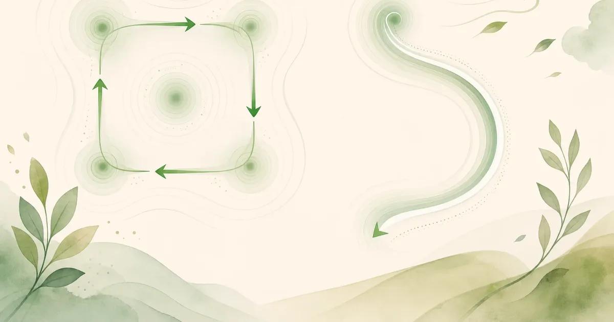Minimal line illustration of four balanced breath segments beside a longer exhale, showing box breathing versus 4-7-8.