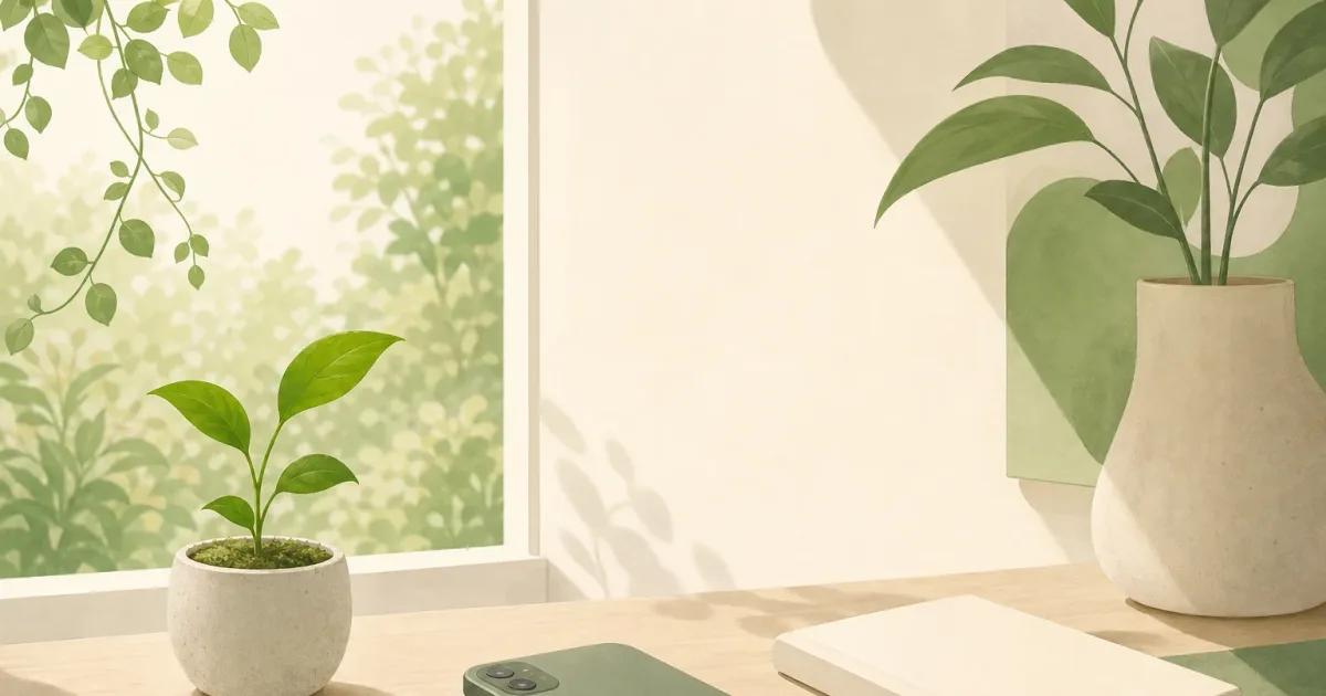 Minimalist illustration of a work phone beside a notebook and plant, representing digital minimalism and more intentional everyday phone use.