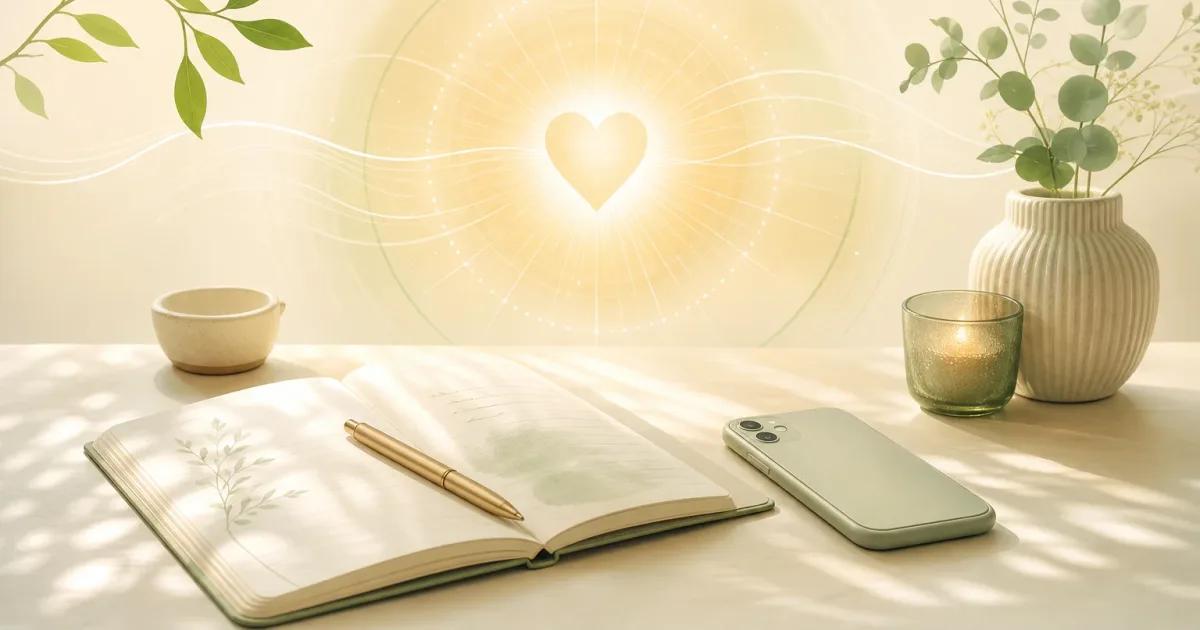 Minimal illustration for do affirmations work, showing a reflective notebook beside a face-down phone in a calm, uncluttered space.