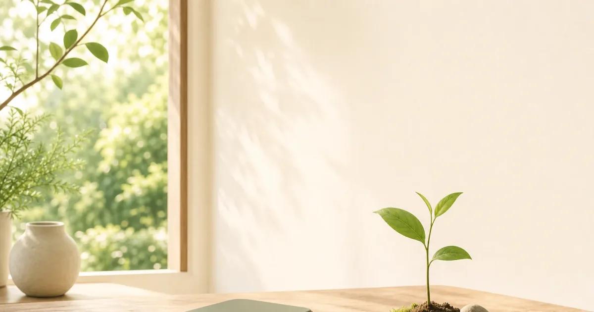 Minimal illustration for dopamine detox work showing a face-down phone beside a small plant in calm morning light.