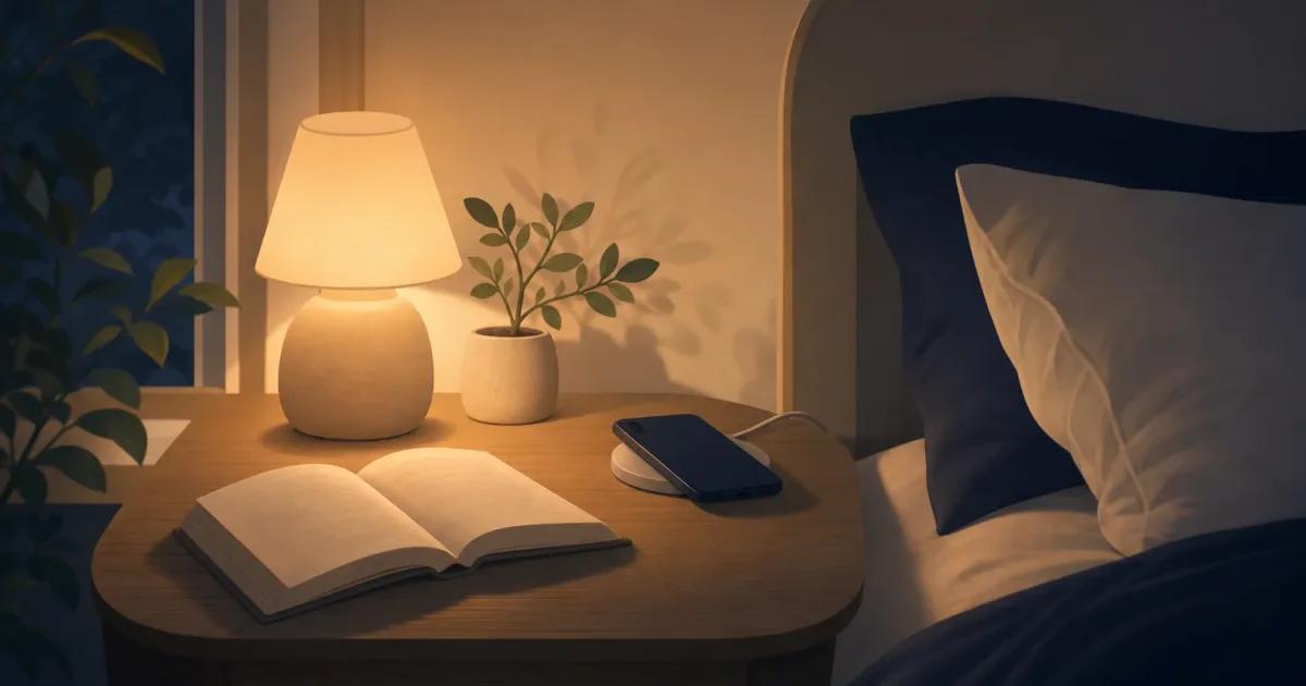 Minimal bedside scene for doomscrolling before bed, with a phone away from the pillow and an open book nearby.