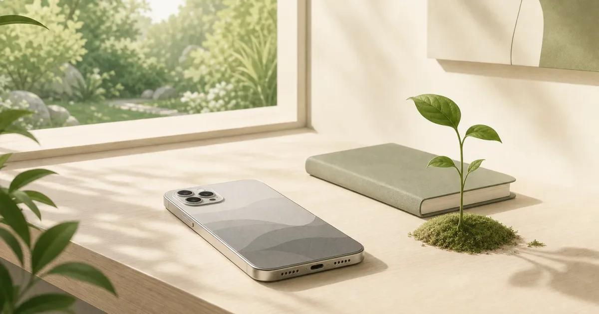 Minimalist grayscale iPhone beside a notebook and small plant, illustrating how grayscale iPhone screen time habits can become more deliberate.