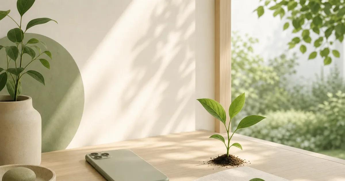 Minimal illustration about stopping social media addiction, showing a phone beside a note and small plant in soft morning light.