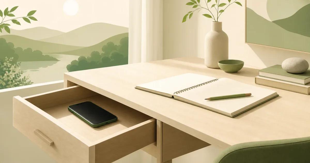 Minimal illustration of a phone stored away from a tidy desk, showing how to focus with phone nearby.