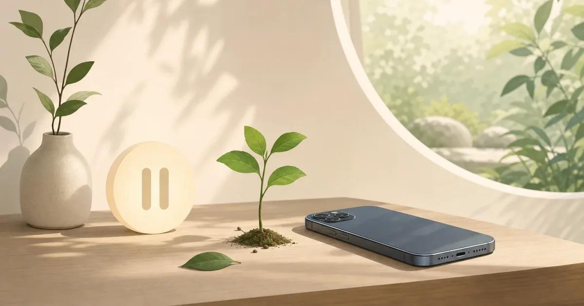 Minimal iPhone illustration with a leaf and pause symbol, representing how to reduce screen time on iPhone without deleting apps.