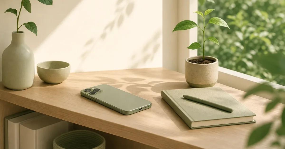 Minimal illustration of an iPhone placed away from a desk beside a notebook, showing how to stop checking your phone.