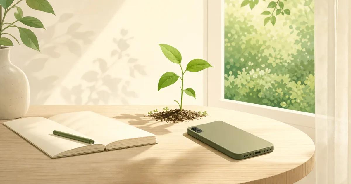 Minimalist illustration about how to stop mindless scrolling, showing a face-down smartphone beside a leafy plant and open notebook.