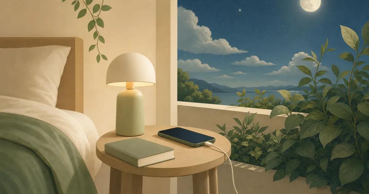 Minimal bedroom illustration showing a phone charging away from bed beside a book for a wind down routine without phone.