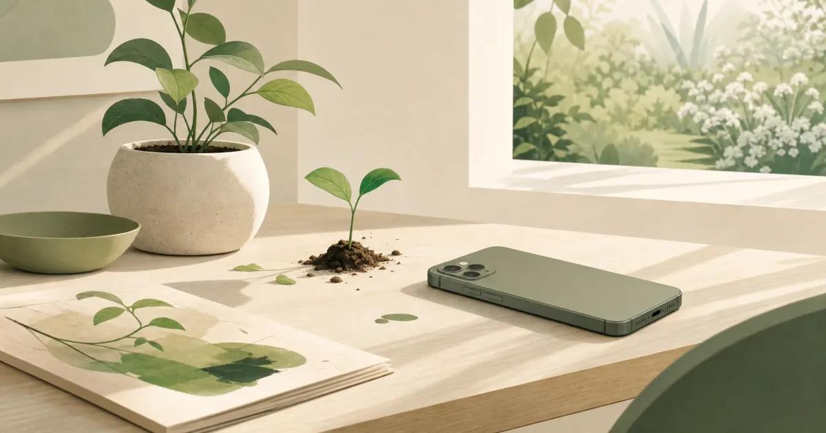 Minimalist illustration for phone addiction help showing a face-down iPhone, handwritten boundary note and small plant in soft morning light.