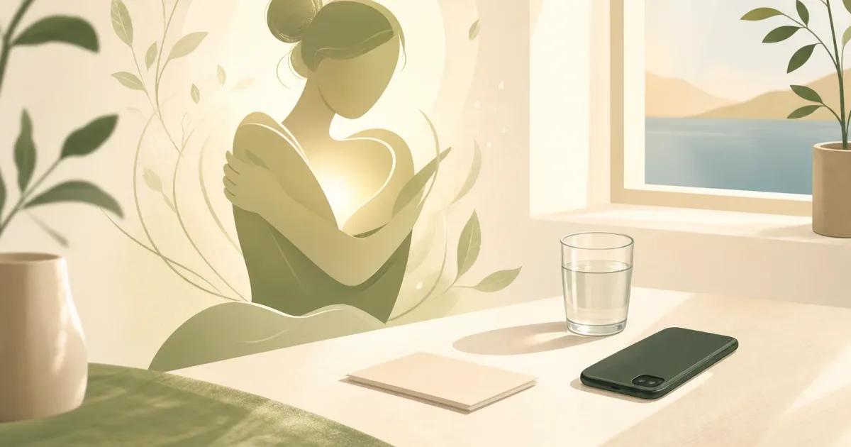 Minimalist illustration of quick self care ideas, with a phone, water glass, handwritten note, and calm window light.