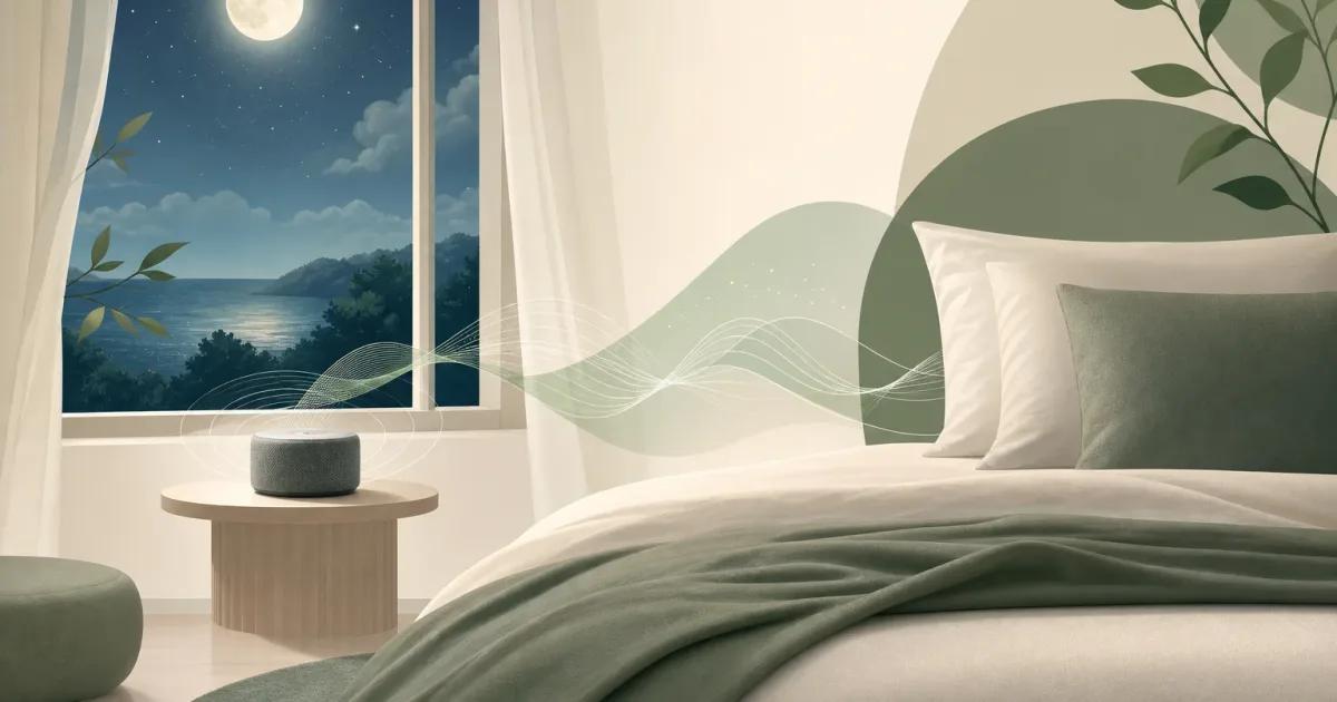 Minimal nighttime bedroom illustration showing a bedside speaker and soft sound waves for sleep meditation or white noise.