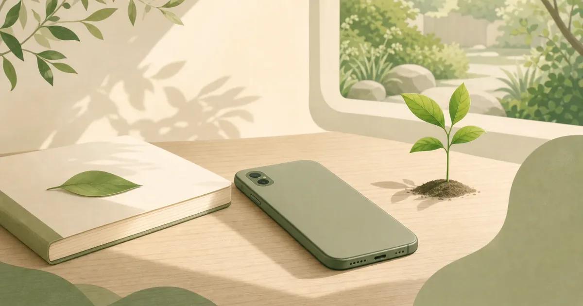 Minimalist illustration of a smartphone, leaf and notebook representing a digital wellbeing app and more deliberate screen time choices.