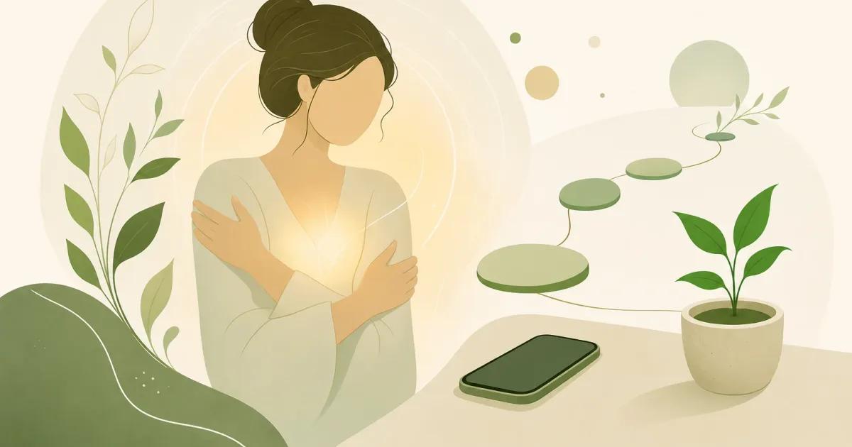 Minimalist illustration for a gamified self care app, showing a phone beside a growing plant and gentle progress path.