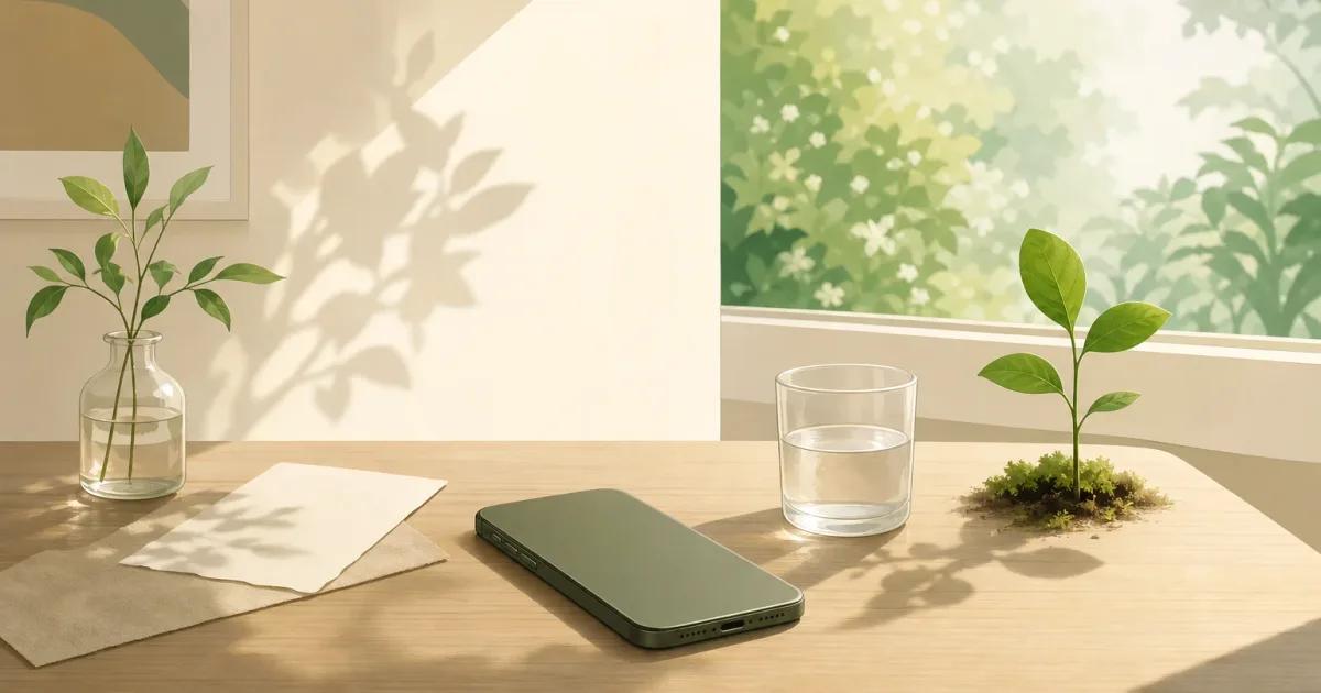 Minimalist scene showing a phone beside a handwritten note and window, illustrating what to do instead of scrolling.
