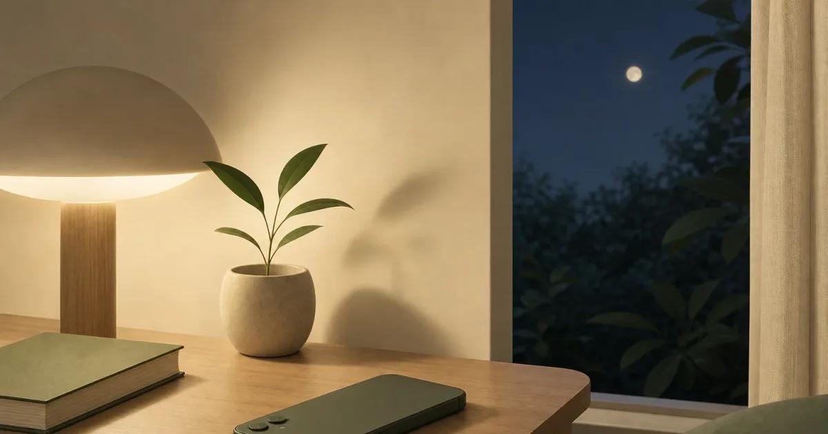 Minimal bedside scene showing a phone placed away from bed beside a book, illustrating why not use phone before bed.