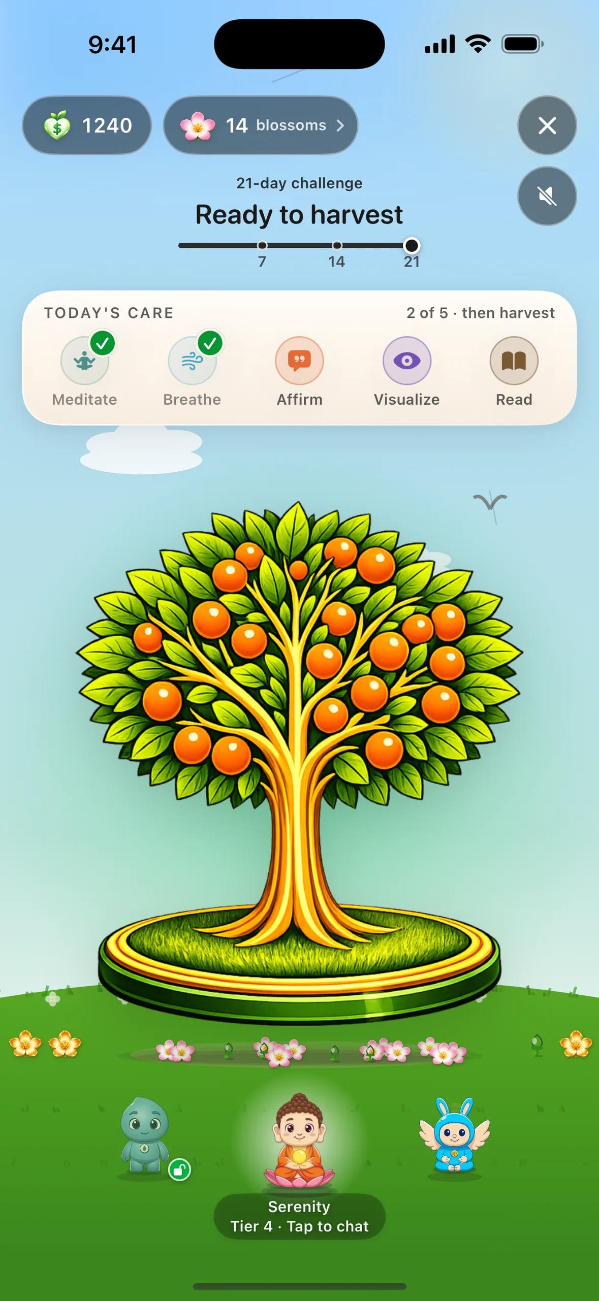 The garden on day 21: fruit ready to pick, the full flower bed still standing, a tier-4 guardian