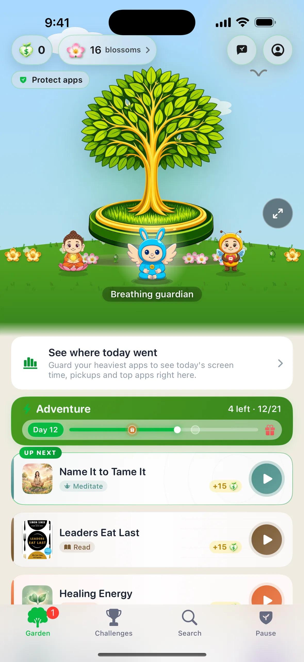 The Garden tab: tree and guardians above the adventure card, today's screen-time card and the up-next practices
