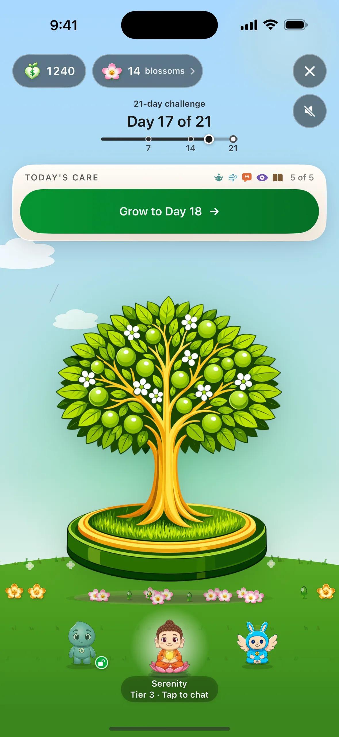 The full-screen garden on day 17: the tree, a bed of pink reset flowers with golden sunflowers at its edges, today's care tray, and the guardian ring