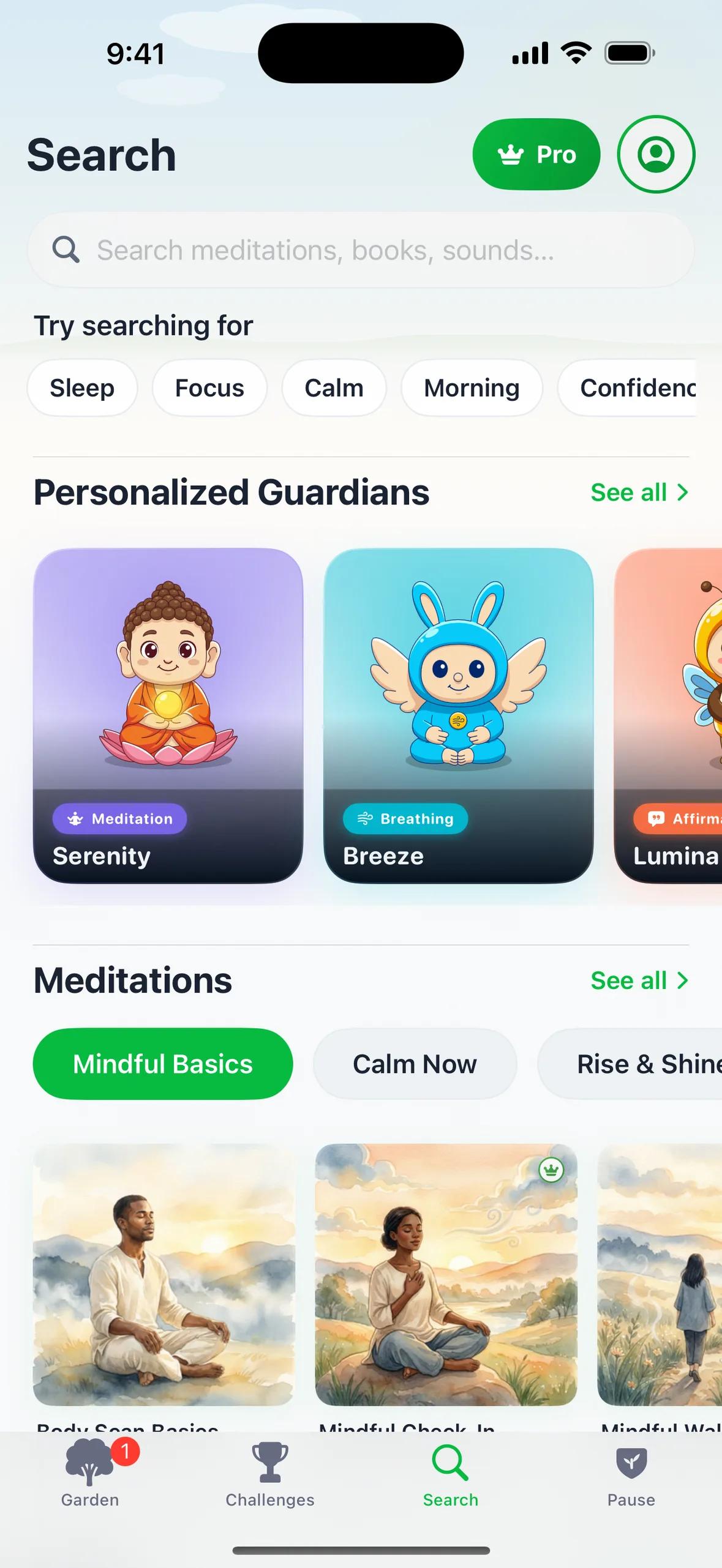 The Search tab with the Personalized Guardians row: Serenity, Breeze and Lumina, each tied to a practice