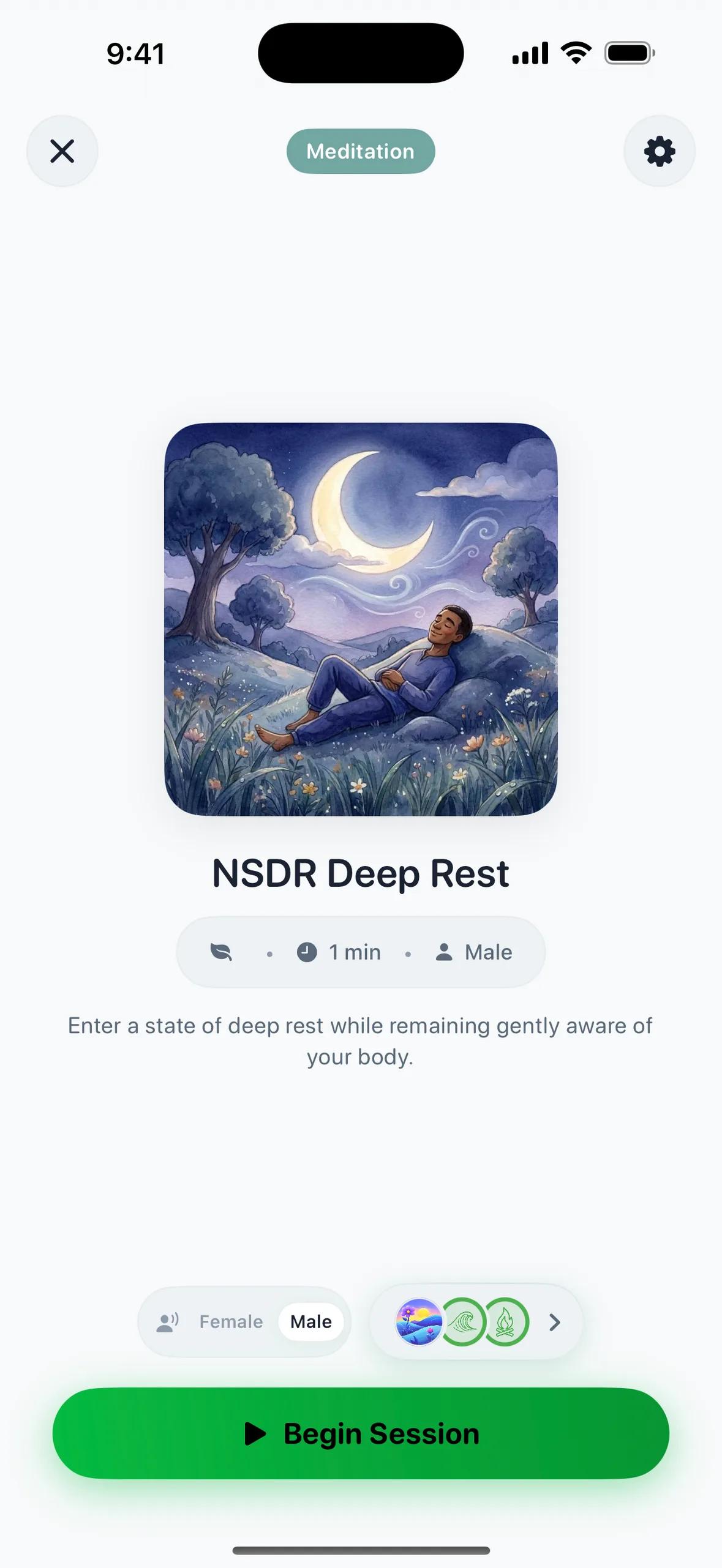 The "NSDR Deep Rest" meditation cover, ready to begin