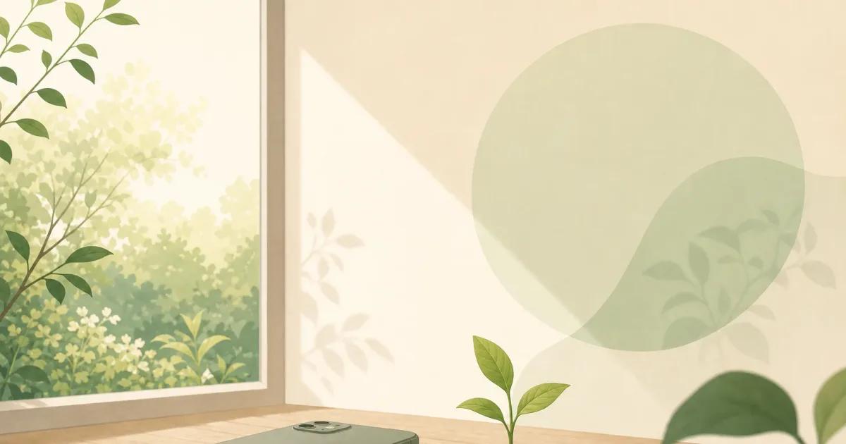 Minimal illustration of a phone paused beside a growing plant, representing app blockers that create a deliberate break before scrolling.