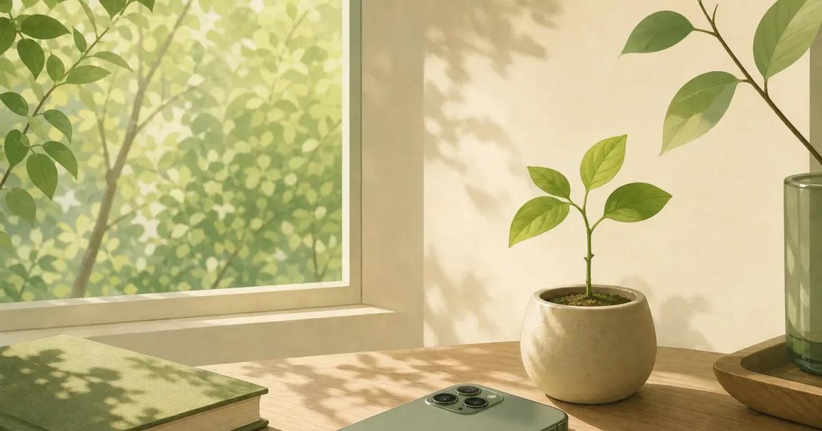 Minimalist illustration for best app blocker iPhone choices, showing an iPhone beside a plant and book in soft evening light.