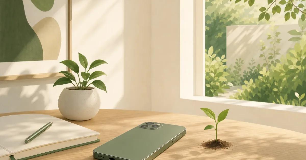 Minimal iPhone screen-time illustration with a simple activity chart, notebook, and plant in soft morning light.