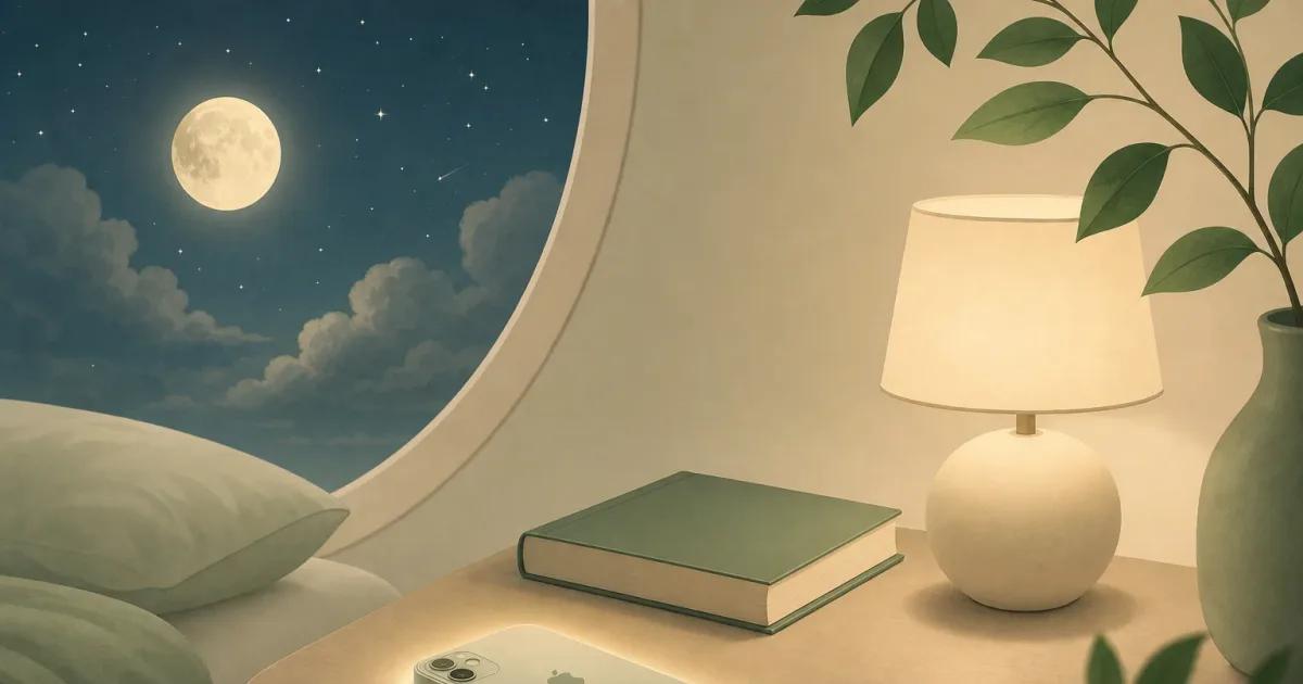Minimal bedroom illustration showing an iPhone face-down beside a book, representing screen time and sleep at night.