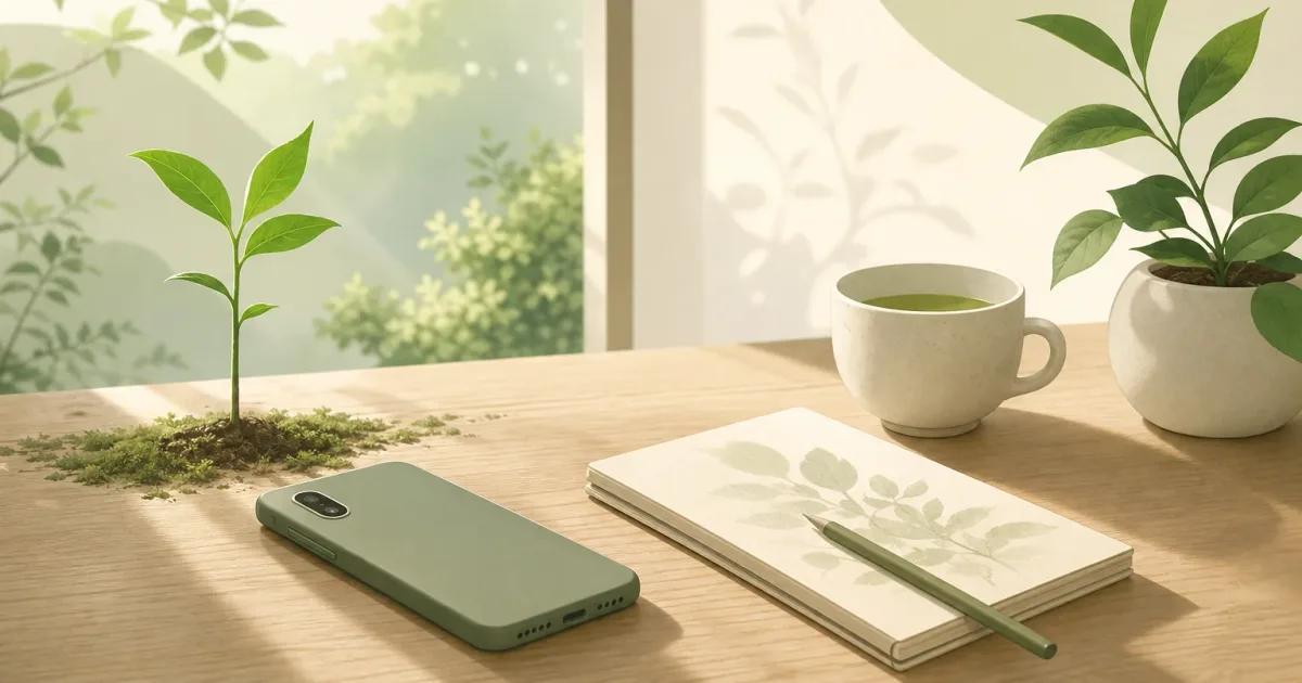 Minimal illustration for Digital Detox Day showing a face-down smartphone beside a notebook, tea and a small green plant.