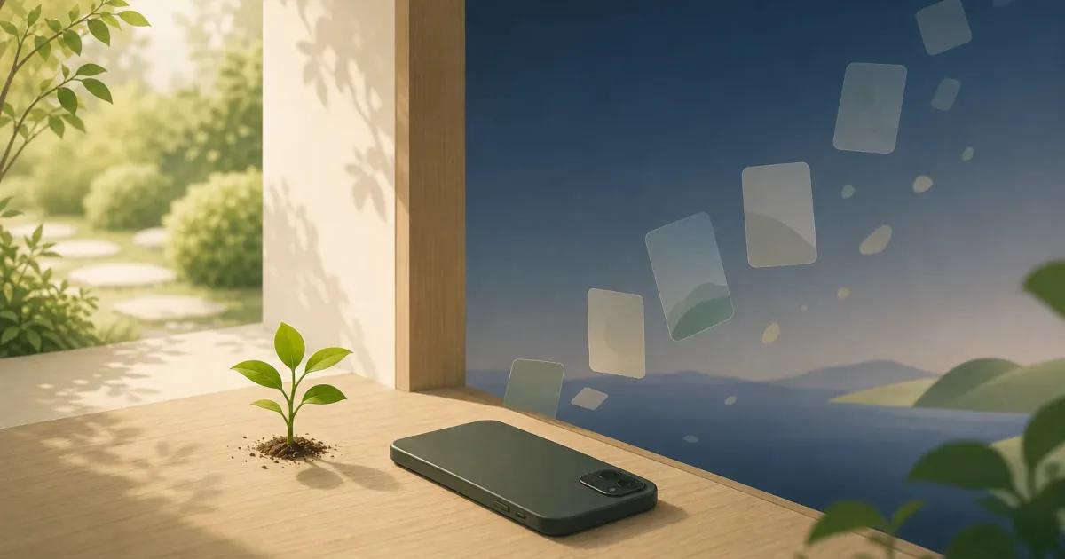 Minimalist illustration about doomscrolling, showing a smartphone outside a doorway as abstract feed cards fade into a calm evening scene.