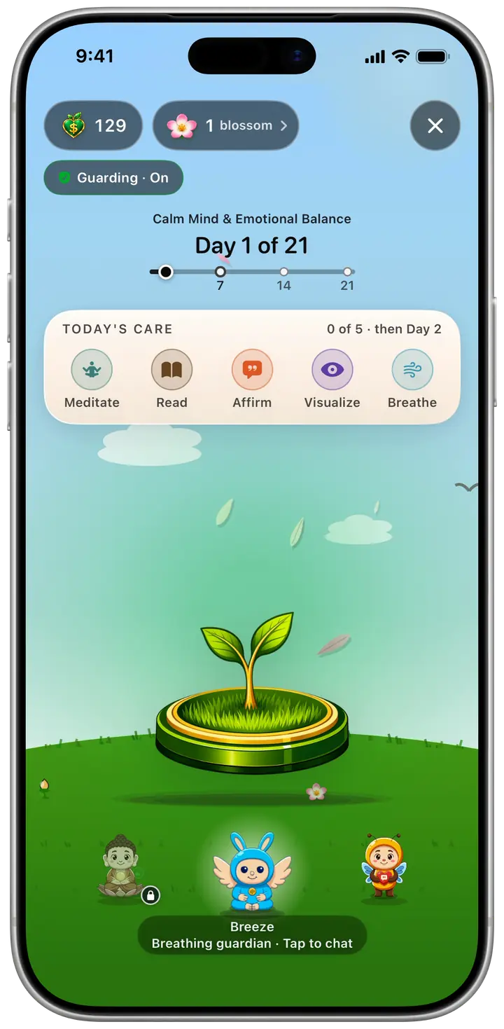 The Champ garden on day 1 of 21: a young sprout on its pedestal, the first pink flower on the grass, and Breeze the breathing guardian.