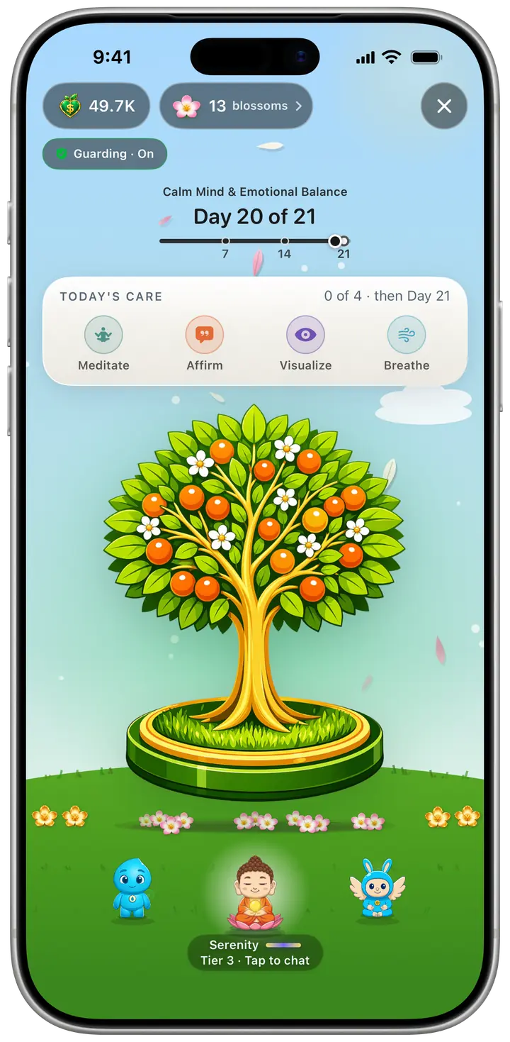 The Champ garden on day 20 of 21: an orange tree with white blossoms, today’s care for meditate, affirm, visualize and breathe, and three guardians below.