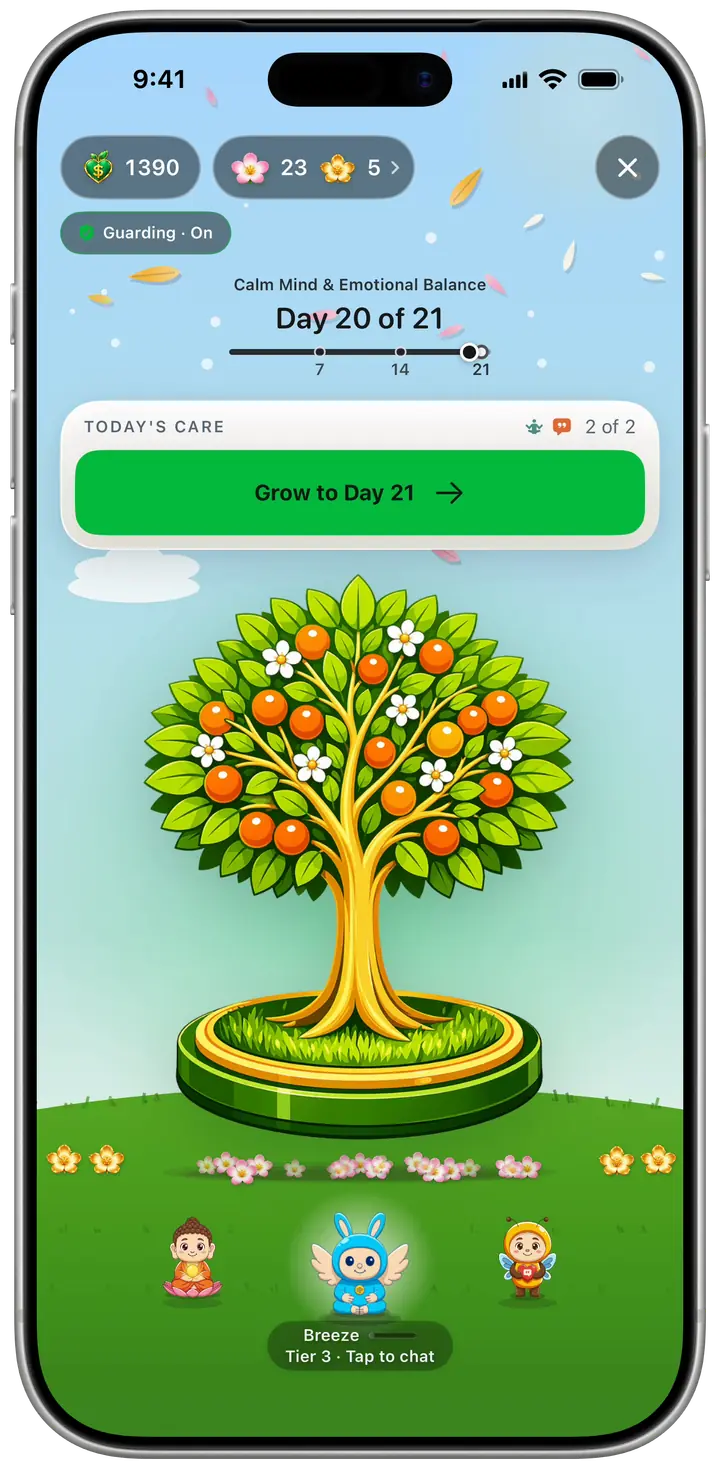 The Champ garden on an iPhone: day 20 of 21, an orange tree with white blossoms over a bed of pink flowers and golden sunflowers, and three guardians on the grass.