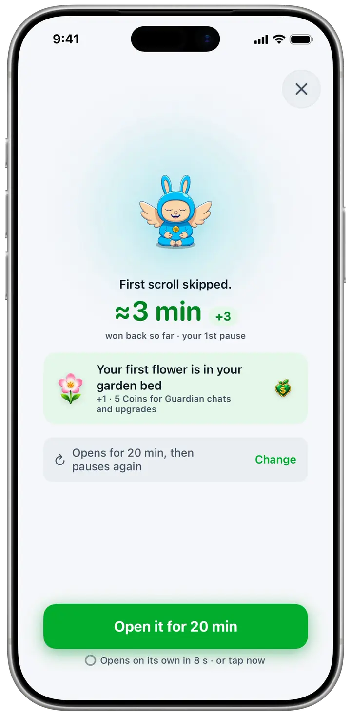 The end of a reset in Champ: “Your first flower is in your garden bed”, with Breeze the breathing guardian and a button to open the app for 20 minutes.