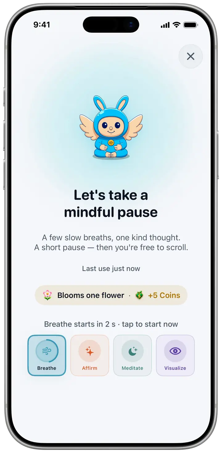 A Champ reset starting on an iPhone: “Let’s take a mindful pause”, with Breeze the breathing guardian and a choice of breathe, affirm, meditate or visualize.