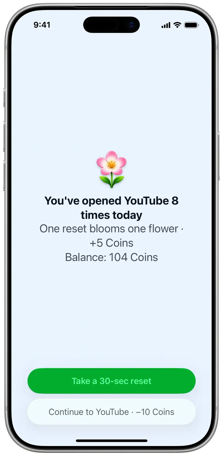 Champ’s shield on an iPhone: “You’ve opened YouTube 8 times today. One reset blooms one flower”, with a button to take a 30-second reset and one to continue for 10 Coins.
