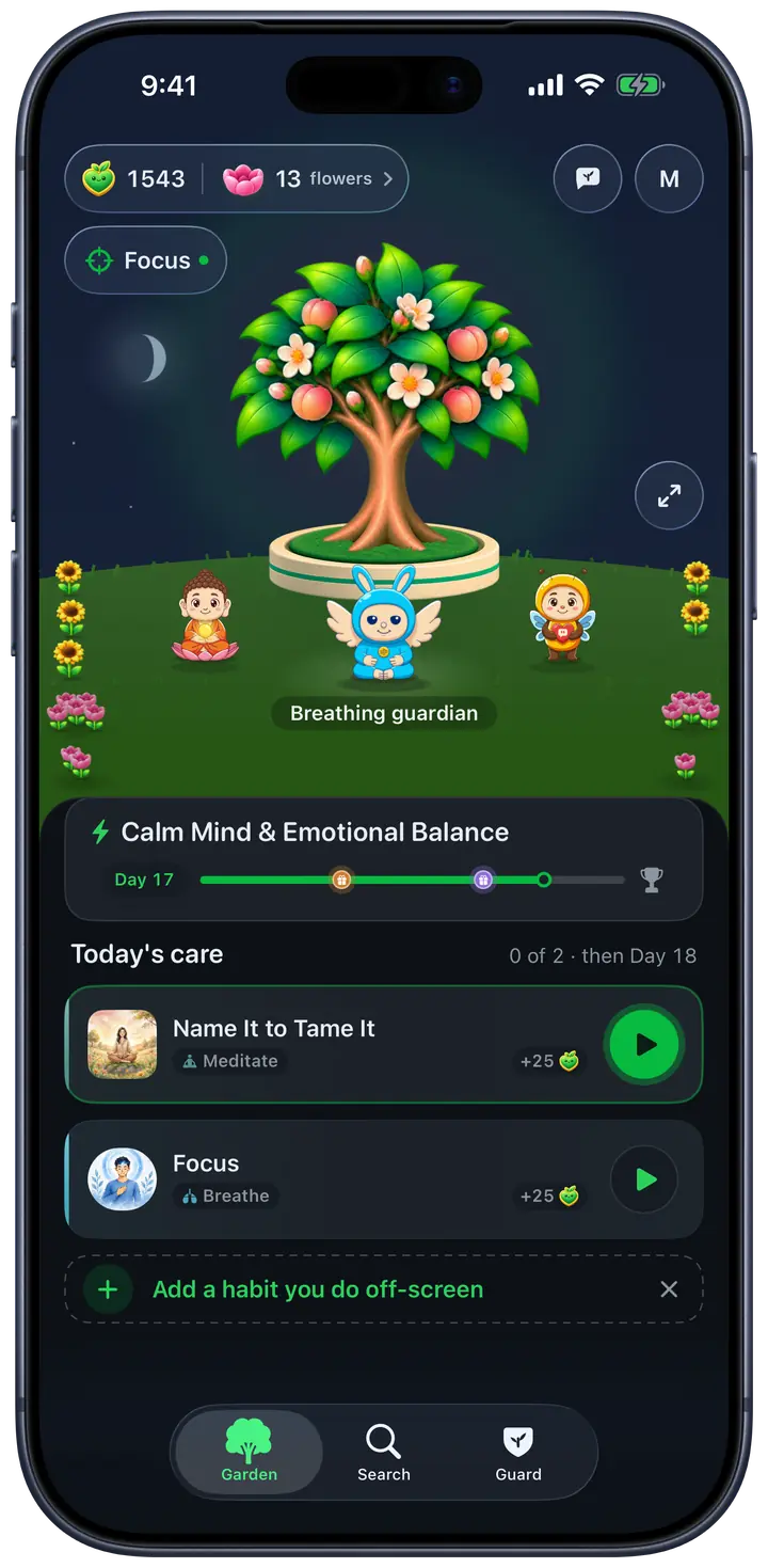 Today’s care in the Champ garden on an iPhone: the 21-day challenge on day 17, the day’s practice cards, and a row to add a habit.