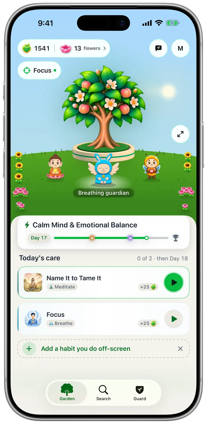 Today’s care in the Champ garden on an iPhone: the 21-day challenge on day 17, the day’s practice cards, and a row to add a habit.