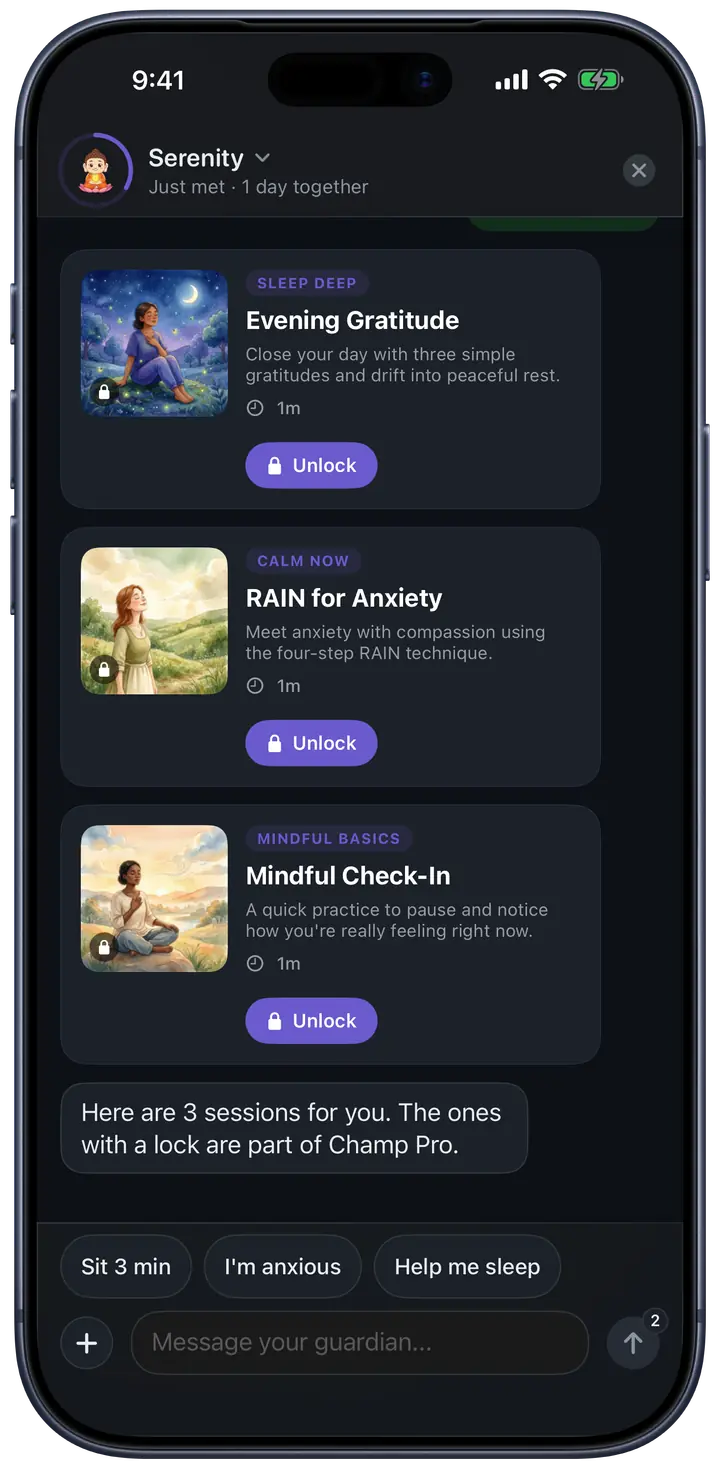 A chat with Serenity, Champ’s meditation guardian, on an iPhone: she suggests short sessions that fit how you feel.