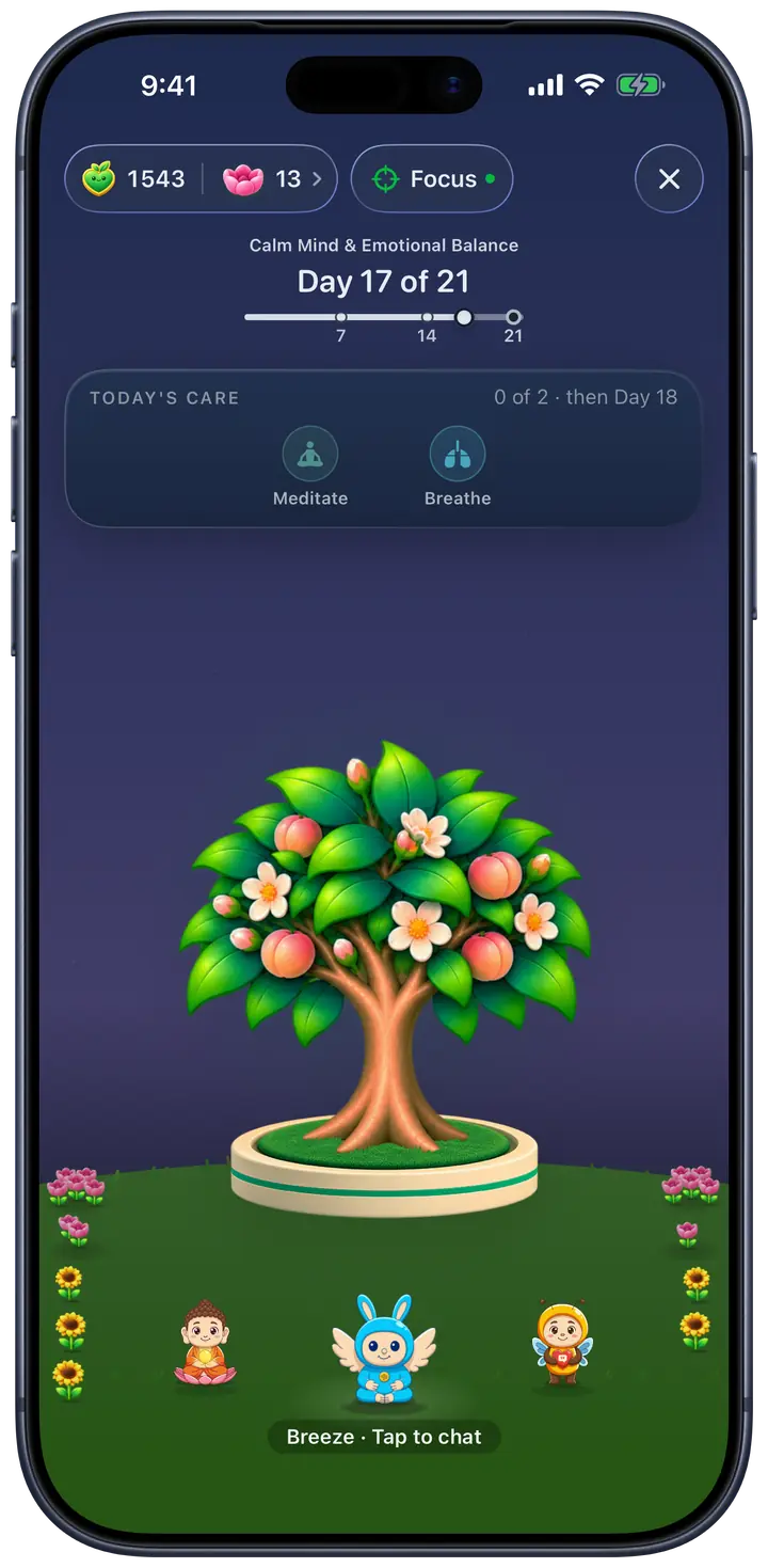 The Champ garden on an iPhone: a peach tree in blossom on its dish, with the guardians on the grass below it.