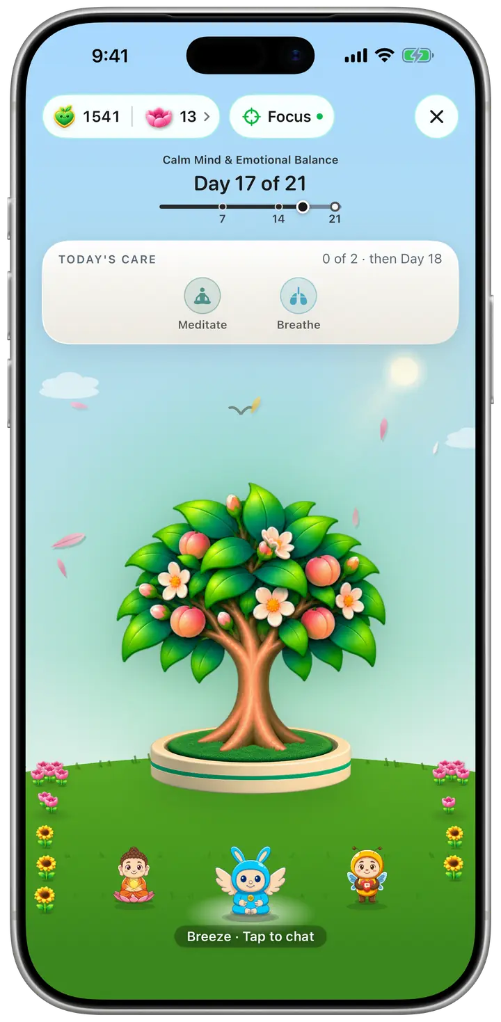 The Champ garden on an iPhone: a peach tree in blossom on its dish, with the guardians on the grass below it.