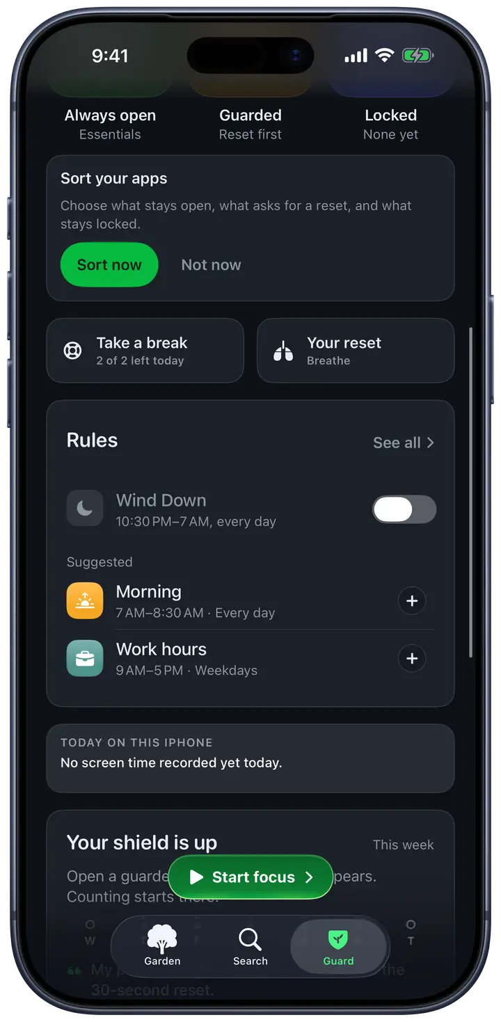 Champ’s Guard tab on an iPhone: your apps sorted into Always open, Guarded and Locked, with Guarding on.