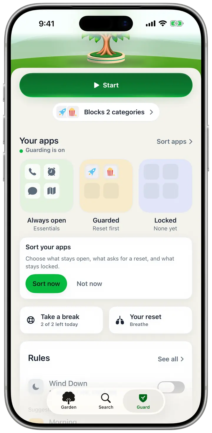 Champ’s Guard tab on an iPhone: your apps sorted into Always open, Guarded and Locked, with Guarding on.