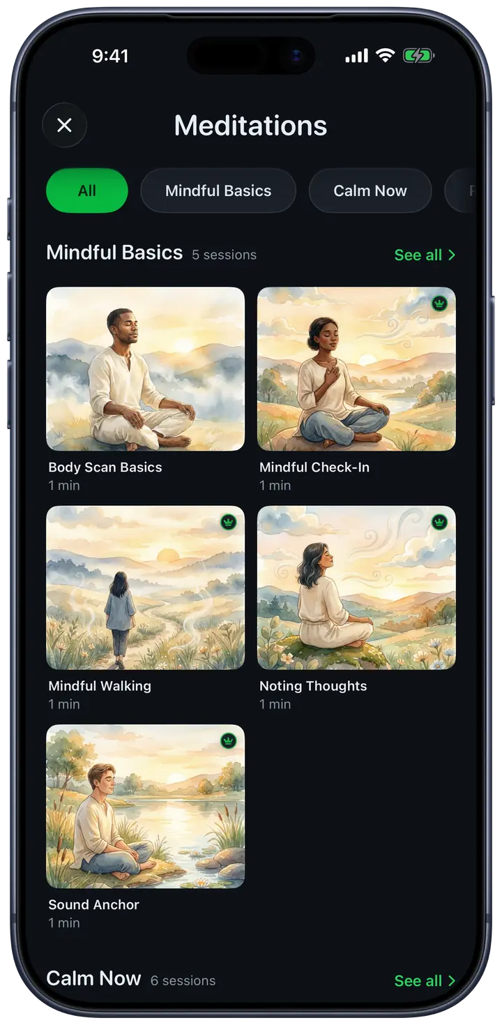 Champ’s meditation library on an iPhone: short guided sessions in watercolor, grouped as Mindful Basics and Calm Now.
