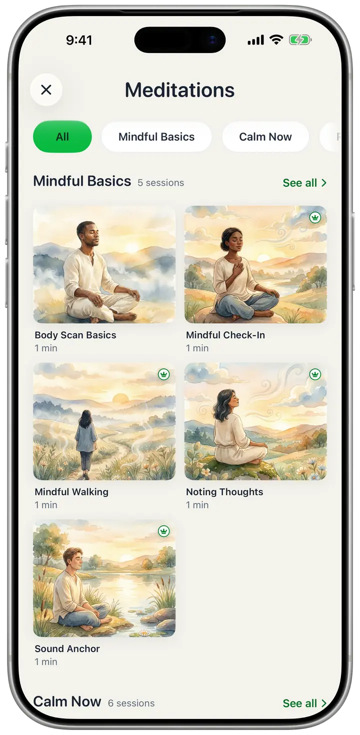 Champ’s meditation library on an iPhone: short guided sessions in watercolor, grouped as Mindful Basics and Calm Now.
