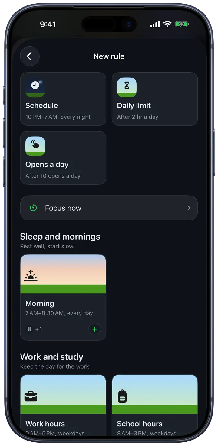 Making a new rule in Champ on an iPhone: Schedule, Daily limit or Opens a day, with suggested rules for sleep, mornings, work and school.