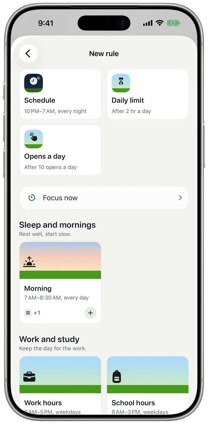 Making a new rule in Champ on an iPhone: Schedule, Daily limit or Opens a day, with suggested rules for sleep, mornings, work and school.