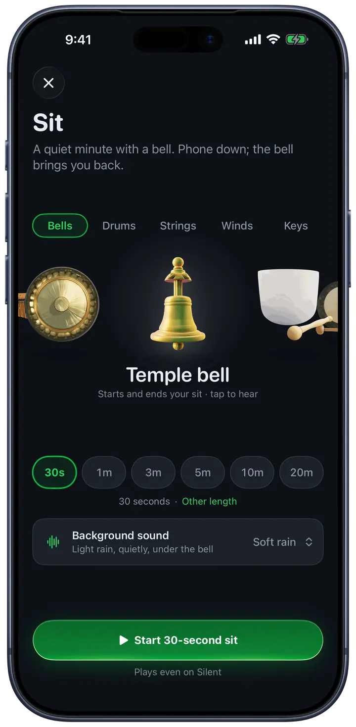 Champ’s Sit timer on an iPhone: a temple bell, lengths from 30 seconds to 20 minutes, and soft rain underneath.